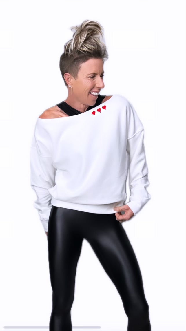 Cold Shoulder Sweatshirt White w/ Red Hearts