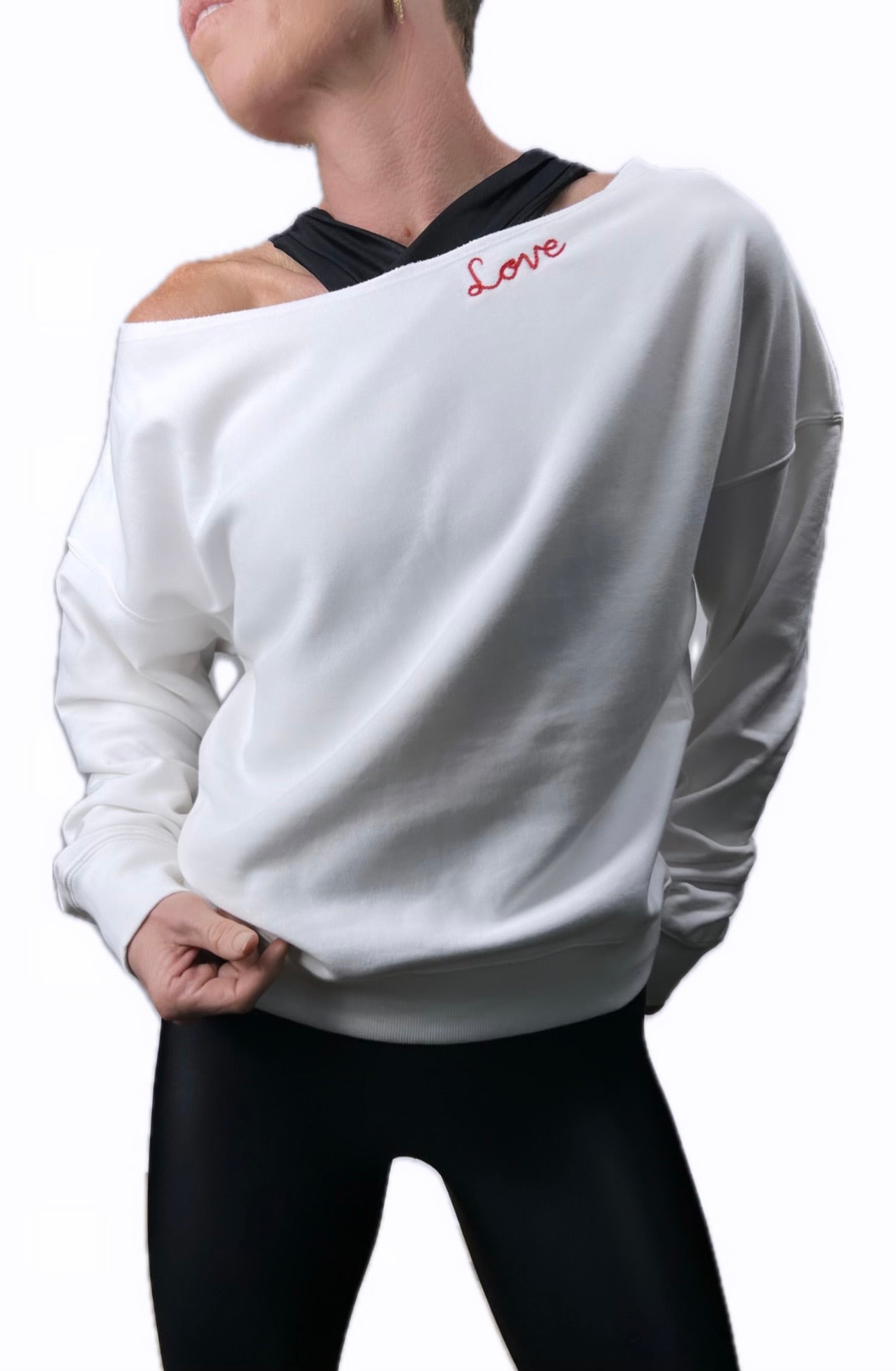 Cold Shoulder Sweatshirt White w/ Red LOVE