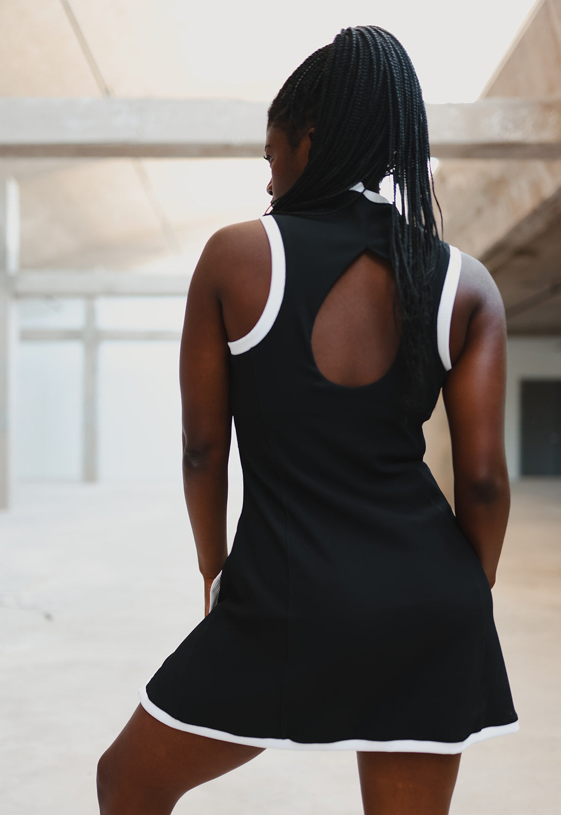 Zip Front Rib Dress Black White