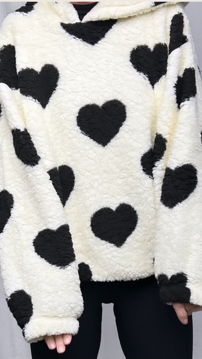 Lightweight Black Hooded Sherpa with Hearts
