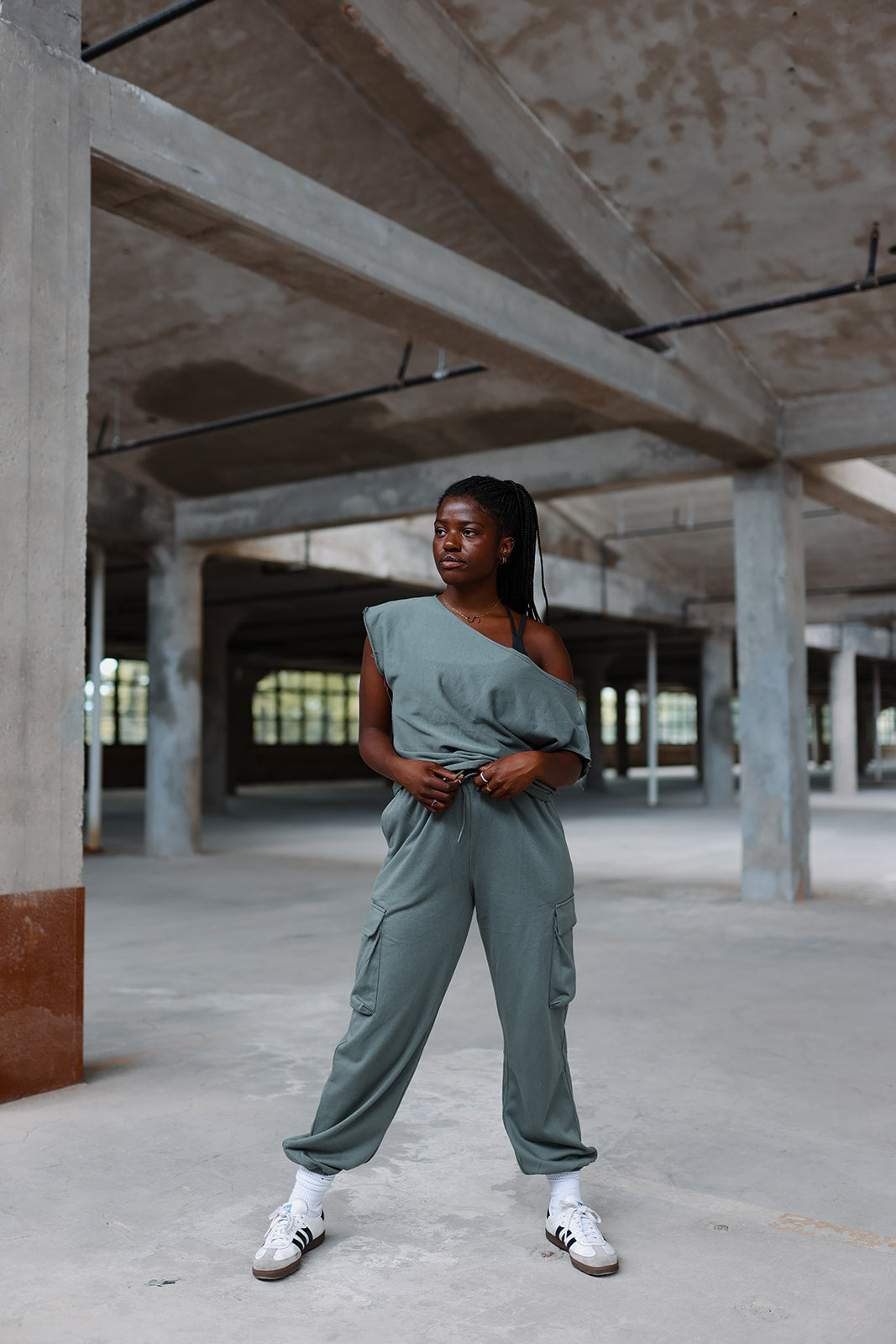 Green Smoke French Terry Off the Shoulder Tee