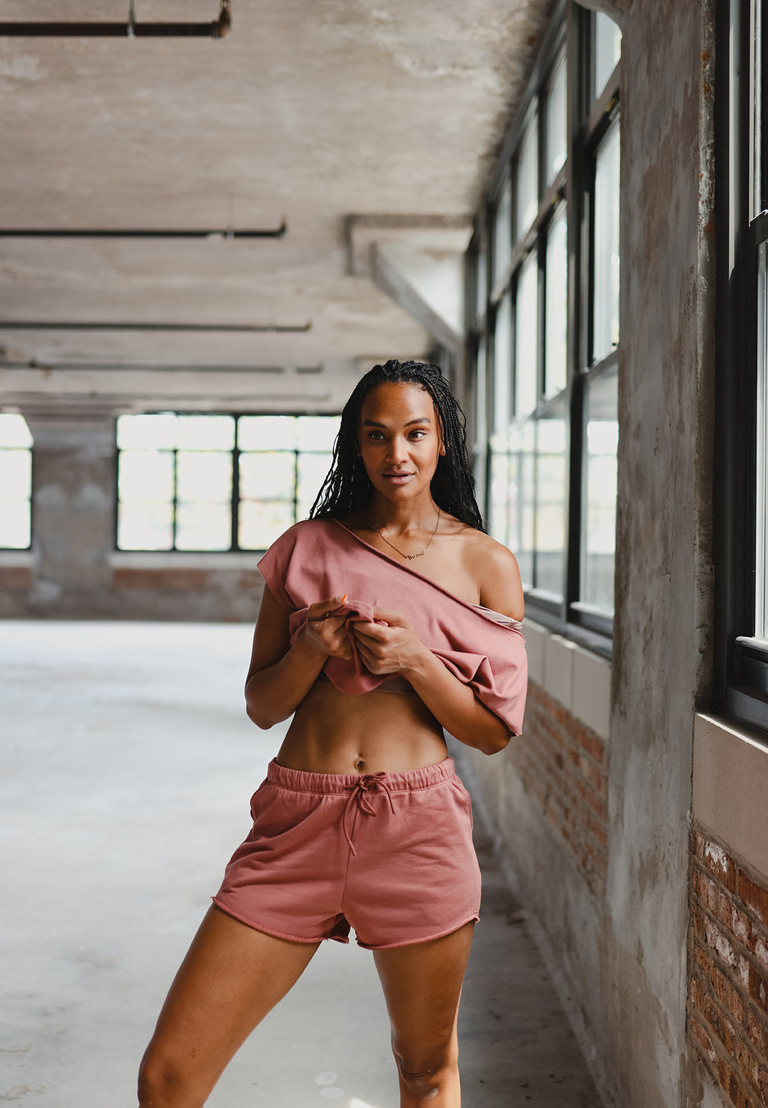 Dusty Rose French Terry Off the Shoulder Tee