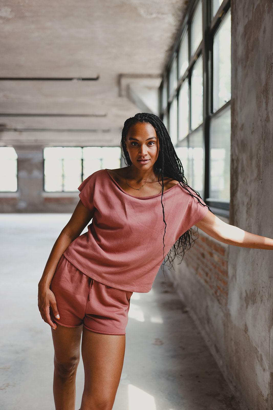 Dusty Rose French Terry Off the Shoulder Tee