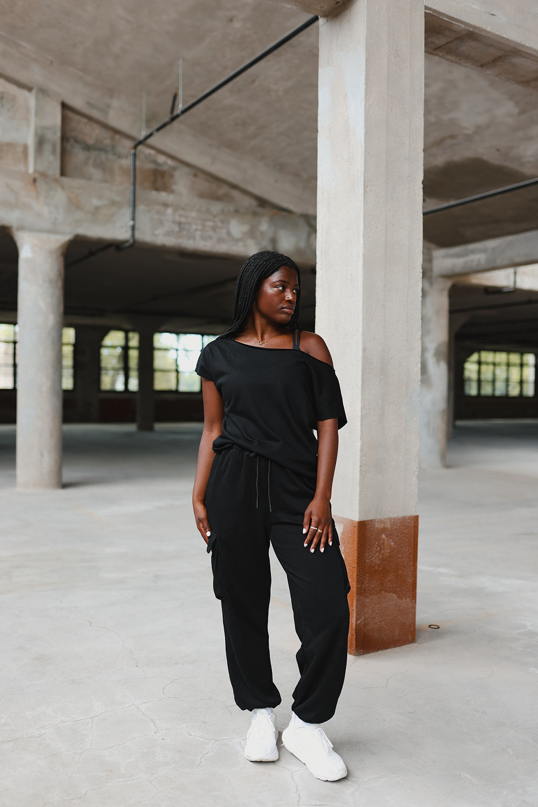 Black French Terry Off the Shoulder Tee