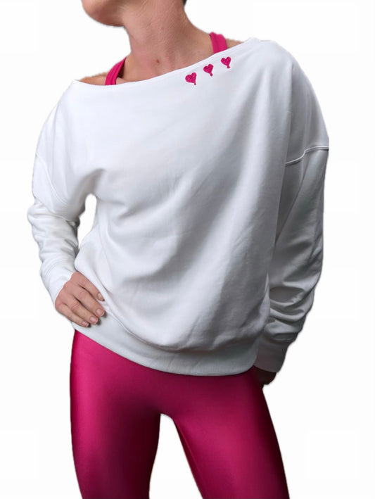 Cold Shoulder Sweatshirt White w/ Pink Hearts