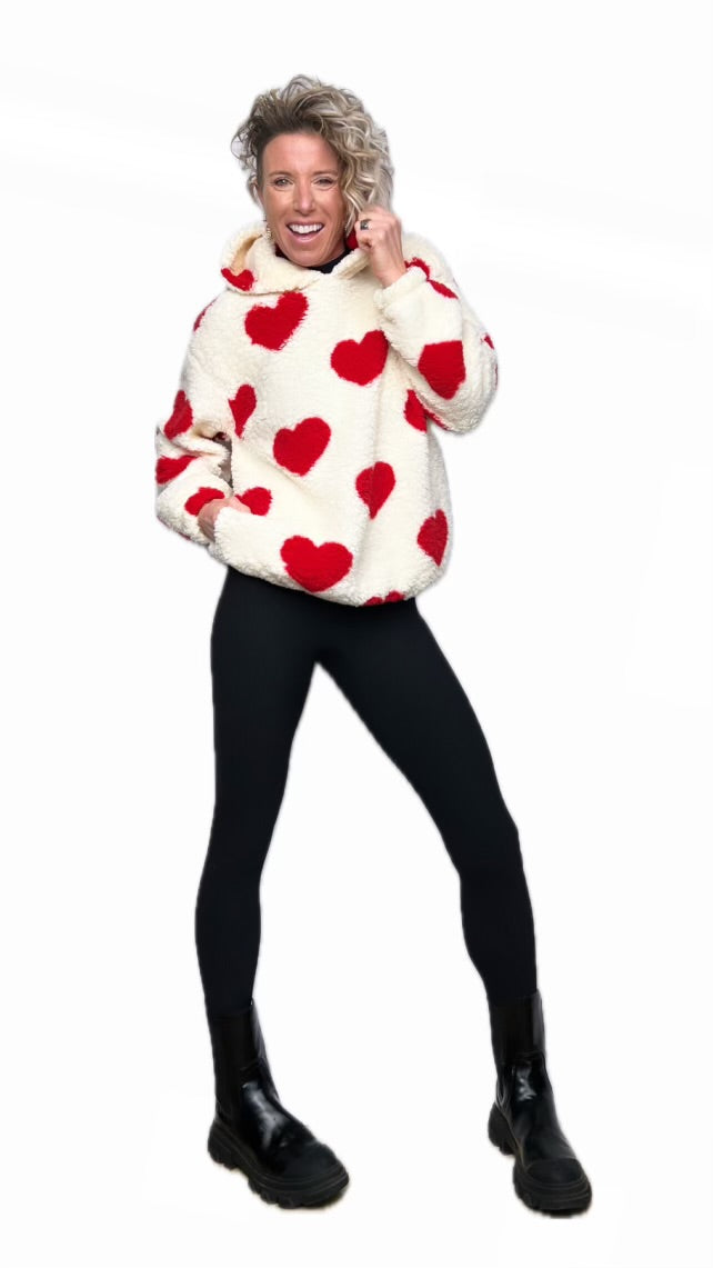 Lightweight Red Hooded Sherpa with Hearts