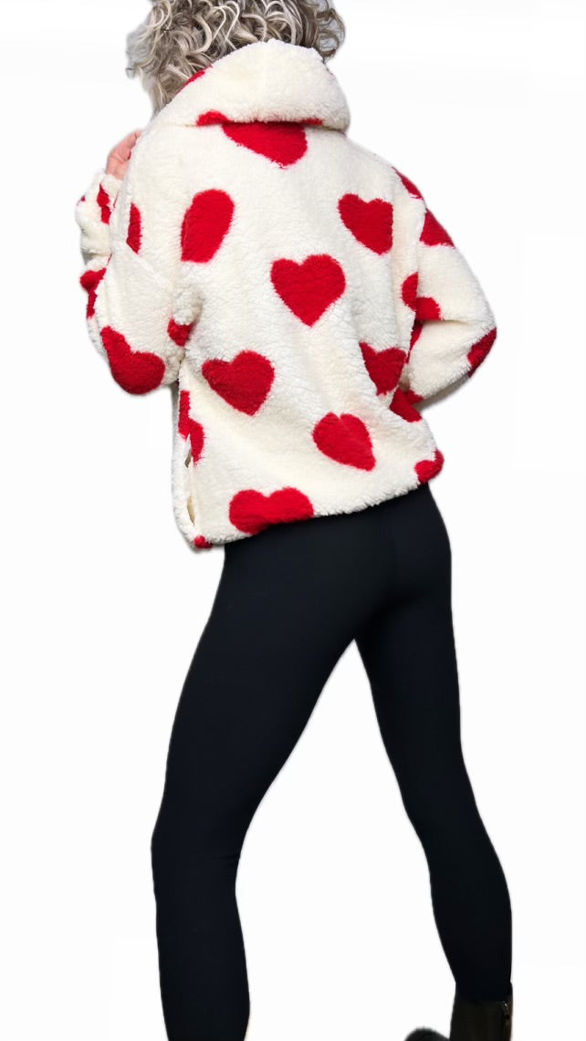 Lightweight Red Hooded Sherpa with Hearts