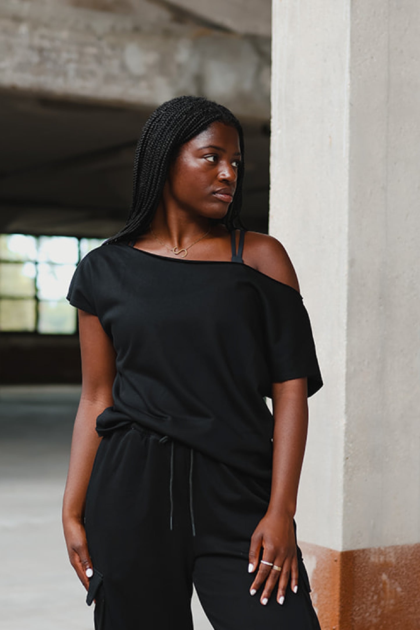 Black French Terry Off the Shoulder Tee