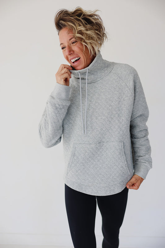 Funnel Neck Quilted Pullover Heathered Light Grey